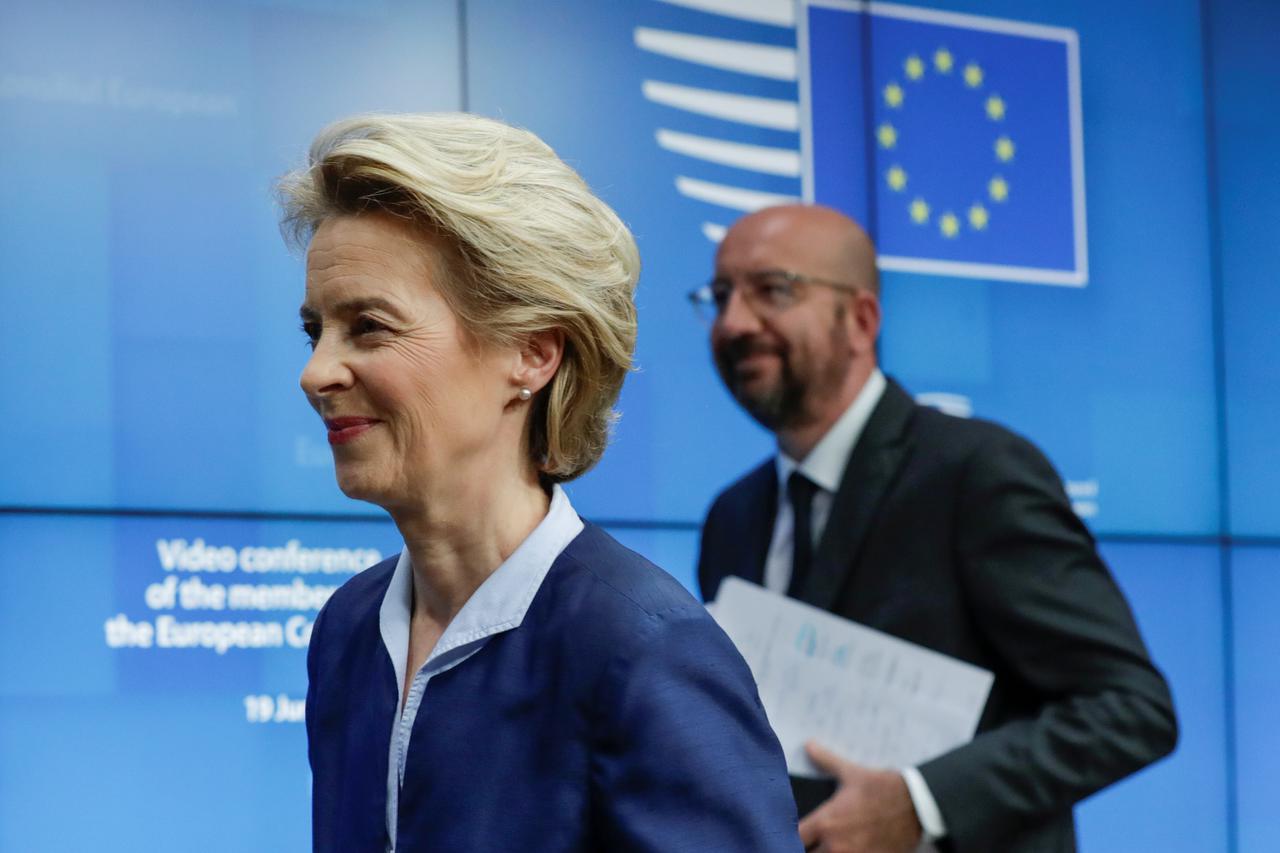 European Commission President Ursula Von Der Leyen and European Council President Charles Michel are seen at the end of a news conference following European summit in video conference format, in Brussels