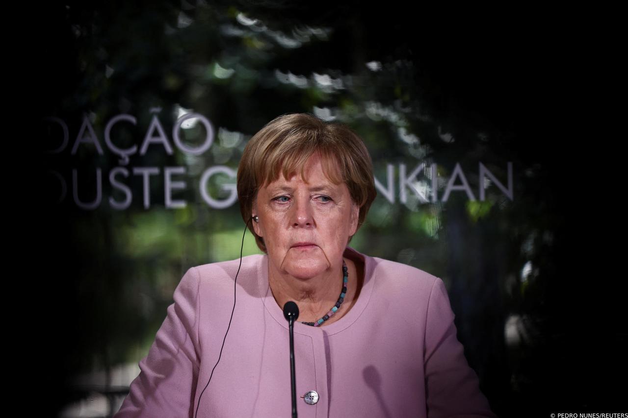 Former German Chancellor Angela Merkel attends a news conference ahead of the Gulbenkian Foundation award ceremony, in Lisbon