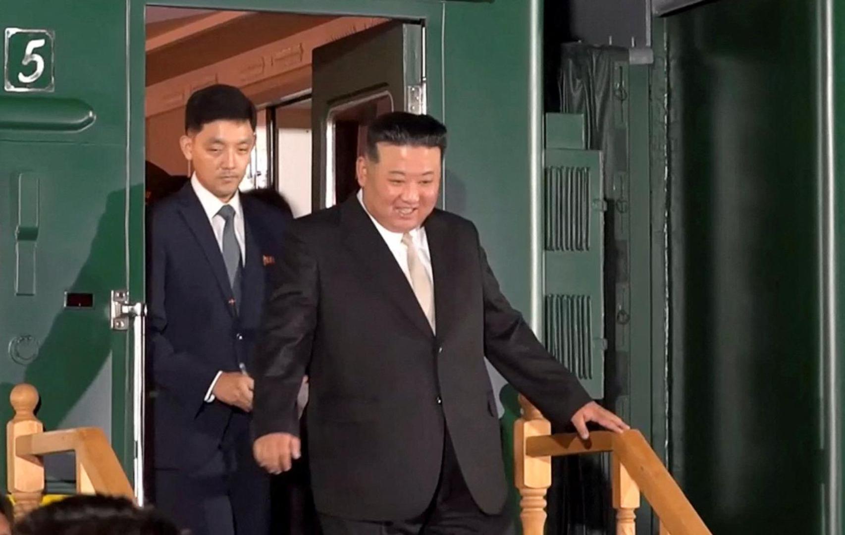 A view shows North Korean leader Kim Jong Un disembarking from his train and being greeted by Russian officials in Khasan in the Primorsky region, Russia, in this still image from video published September 12, 2023. Courtesy Governor of Russia's Primorsky Krai Oleg Kozhemyako Telegram Channel via REUTERS ATTENTION EDITORS - THIS IMAGE WAS PROVIDED BY A THIRD PARTY. NO RESALES. NO ARCHIVES. MANDATORY CREDIT. THIS PICTURE WAS PROCESSED BY REUTERS TO ENHANCE QUALITY. AN UNPROCESSED VERSION HAS BEEN PROVIDED SEPARATELY. Photo: OLEG KOZHEMYAKO TELEGRAM CHANNEL/REUTERS