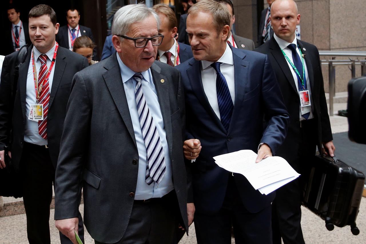 European Commission President Jean-Claude Juncker and European Council President Donald Tusk arrive to address a joint news conference on the second day of the EU Summit in Brussels, Belgium, June 29, 2016.   REUTERS/Francois Lenoir