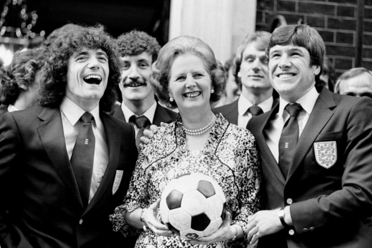 'File photo dated 05/06/1980 of Prime Minister, Margaret Thatcher sharing a joke with England footballers, left to right, Kevin Keegan, Terry McDermott, Phil Thompson and Emlyn Hughes and other member