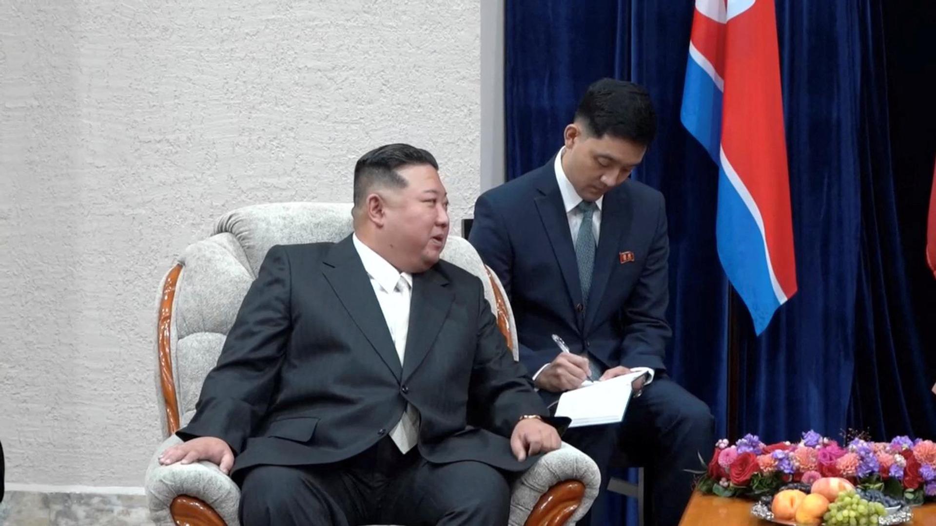A view shows North Korean leader Kim Jong Un during a meeting with Russian Minister of Natural Resources and Environment Alexander Kozlov and other officials upon his arrival in Khasan in the Primorsky region, Russia, in this still image from video published September 12, 2023. Courtesy Governor of Russia's Primorsky Krai Oleg Kozhemyako Telegram Channel via REUTERS ATTENTION EDITORS - THIS IMAGE WAS PROVIDED BY A THIRD PARTY. NO RESALES. NO ARCHIVES. MANDATORY CREDIT. Photo: OLEG KOZHEMYAKO TELEGRAM CHANNEL/REUTERS