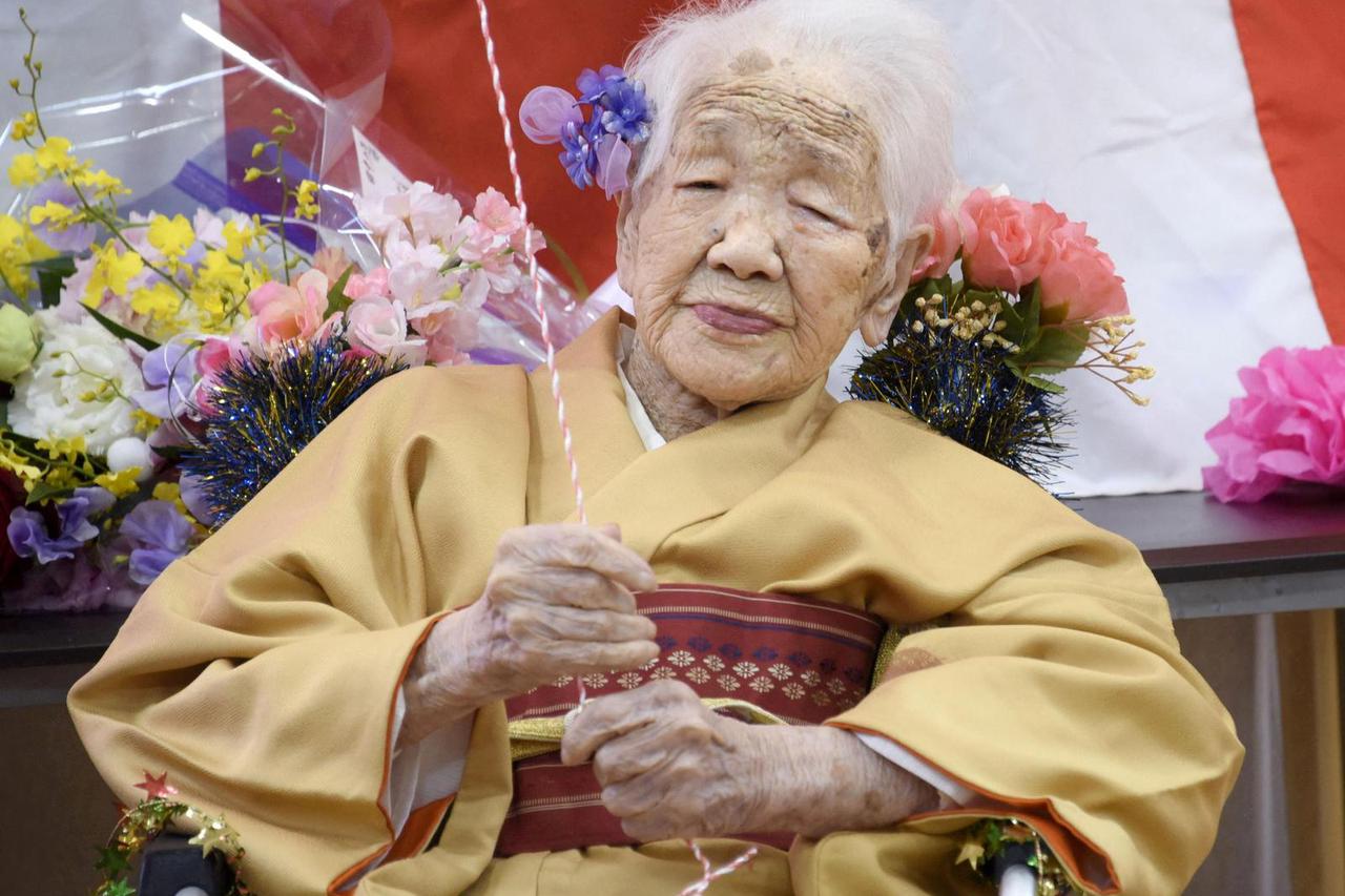 FILE PHOTO: Kane Tanaka, born in 1903, smiles as a nursing home celebrates three days after her 117th birthday in Fukuoka