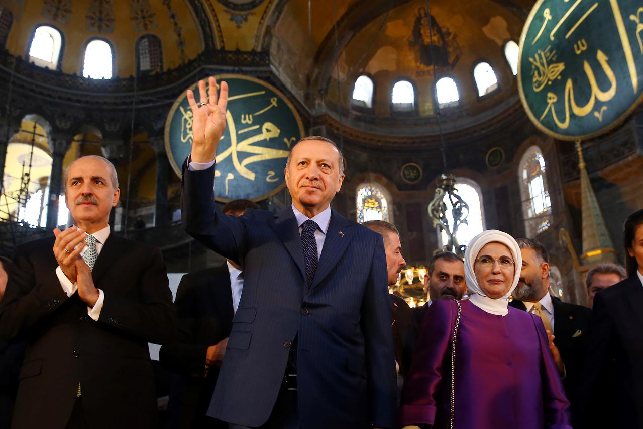 Turkish President Erdogan attends the opening ceremony of the Yeditepe Biennial at the Hagia Sophia or Ayasofya Museum in Istanbul