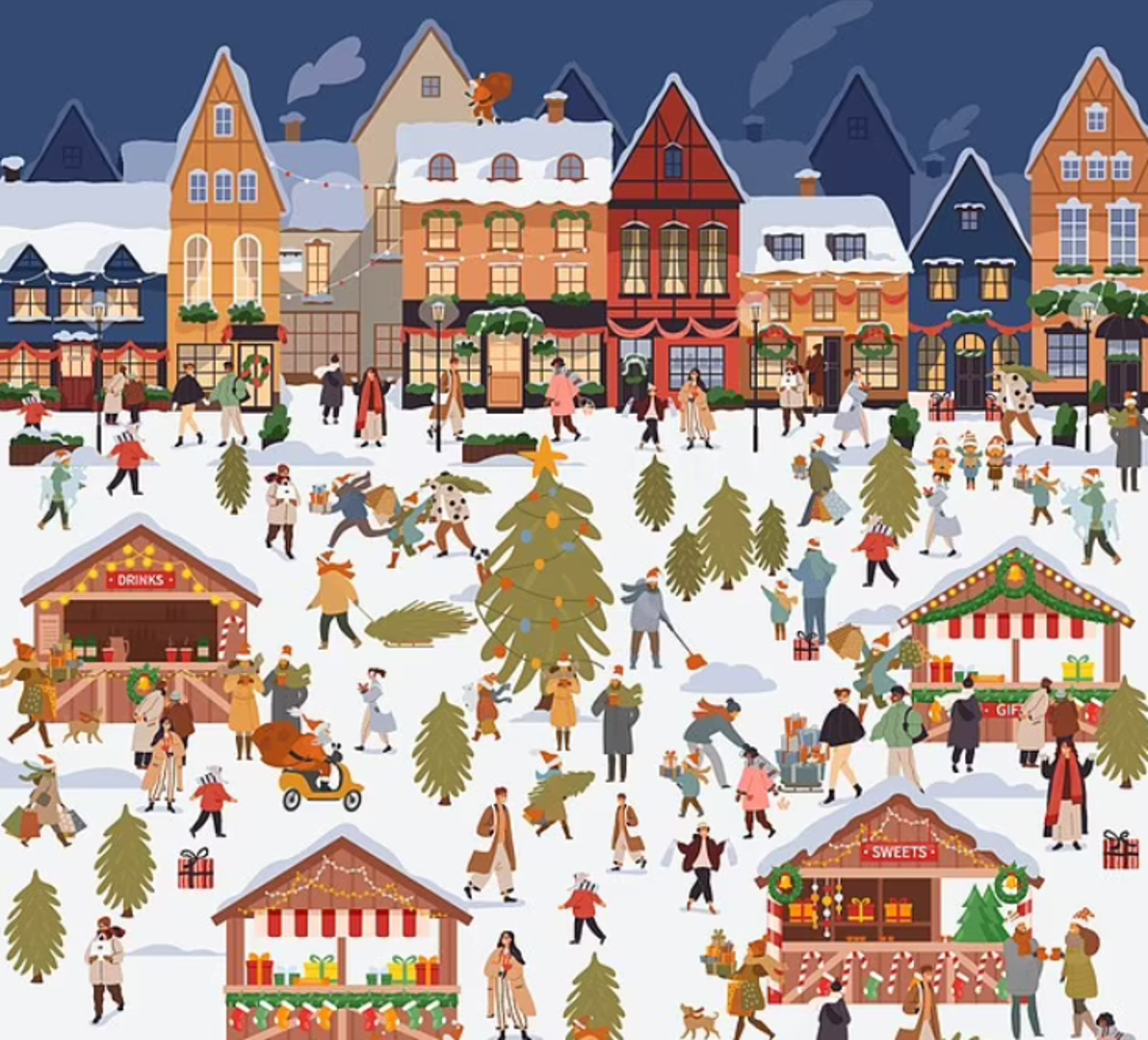 Na ilustraciji božićne tržnice, sakrio se crvendać kojeg treba pronaći među kupcima i božićnim drvcima.