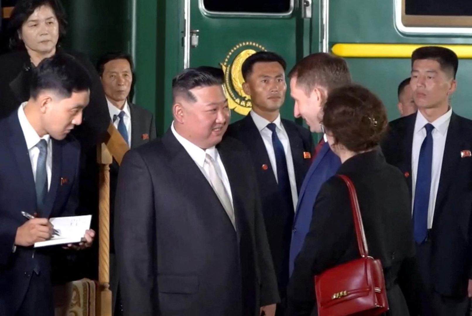 A view shows North Korean leader Kim Jong Un disembarking from his train and being greeted by Russian officials upon his arrival in Khasan in the Primorsky region, Russia, in this still image from video published September 12, 2023. Courtesy Governor of Russia's Primorsky Krai Oleg Kozhemyako Telegram Channel via REUTERS ATTENTION EDITORS - THIS IMAGE WAS PROVIDED BY A THIRD PARTY. NO RESALES. NO ARCHIVES. MANDATORY CREDIT. THIS PICTURE WAS PROCESSED BY REUTERS TO ENHANCE QUALITY. AN UNPROCESSED VERSION HAS BEEN PROVIDED SEPARATELY. Photo: OLEG KOZHEMYAKO TELEGRAM CHANNEL/REUTERS
