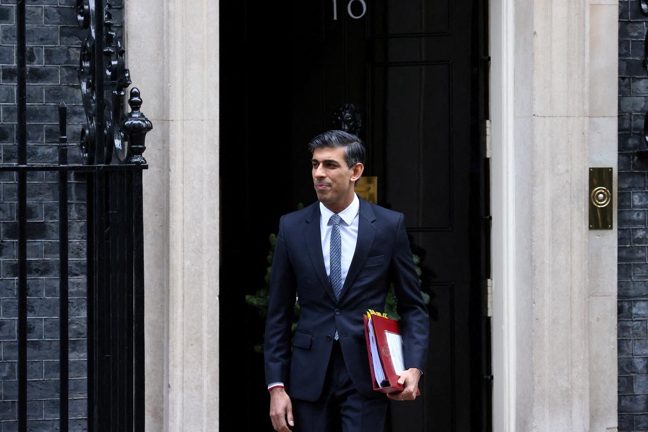 FILE PHOTO: British Prime Minister Rishi Sunak leaves 10 Downing Street to attend Prime Minister's Questions in London