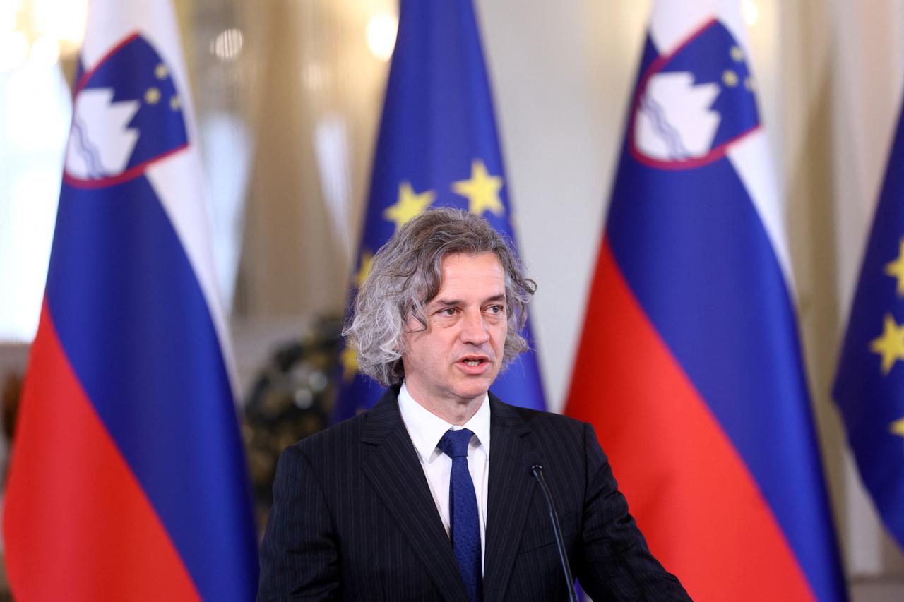Winner of Parliamentary elections Robert Golob addresses a news conference after an informal meeting with Slovenia's President Borut Pahor in Ljubljana