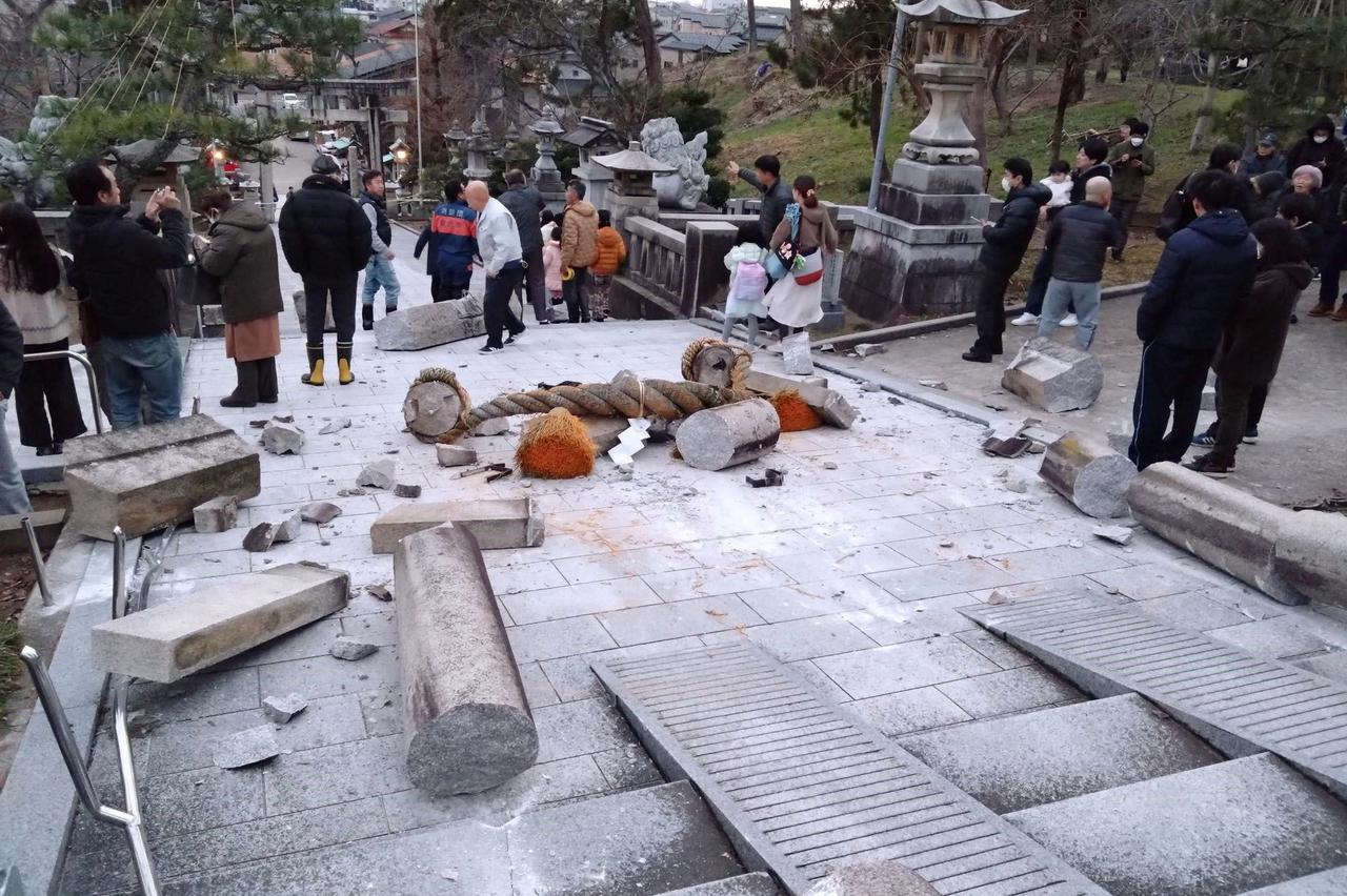 Collapsed torii gate caused by an earthquake is seen at Onohiyoshi Shrine in Kanazawa, Japan