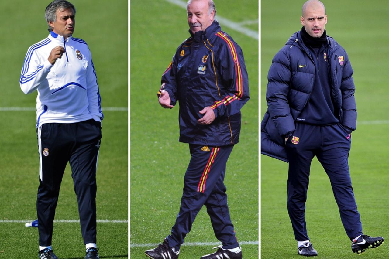 \'A combination of three pictures made on December 7, 2010 shows (FromL) Real Madrid\'s Portuguese coach Jose Mourinho on September 27, 2010 in Madrid, Spain\'s coach Vicente Del Bosque on November 16