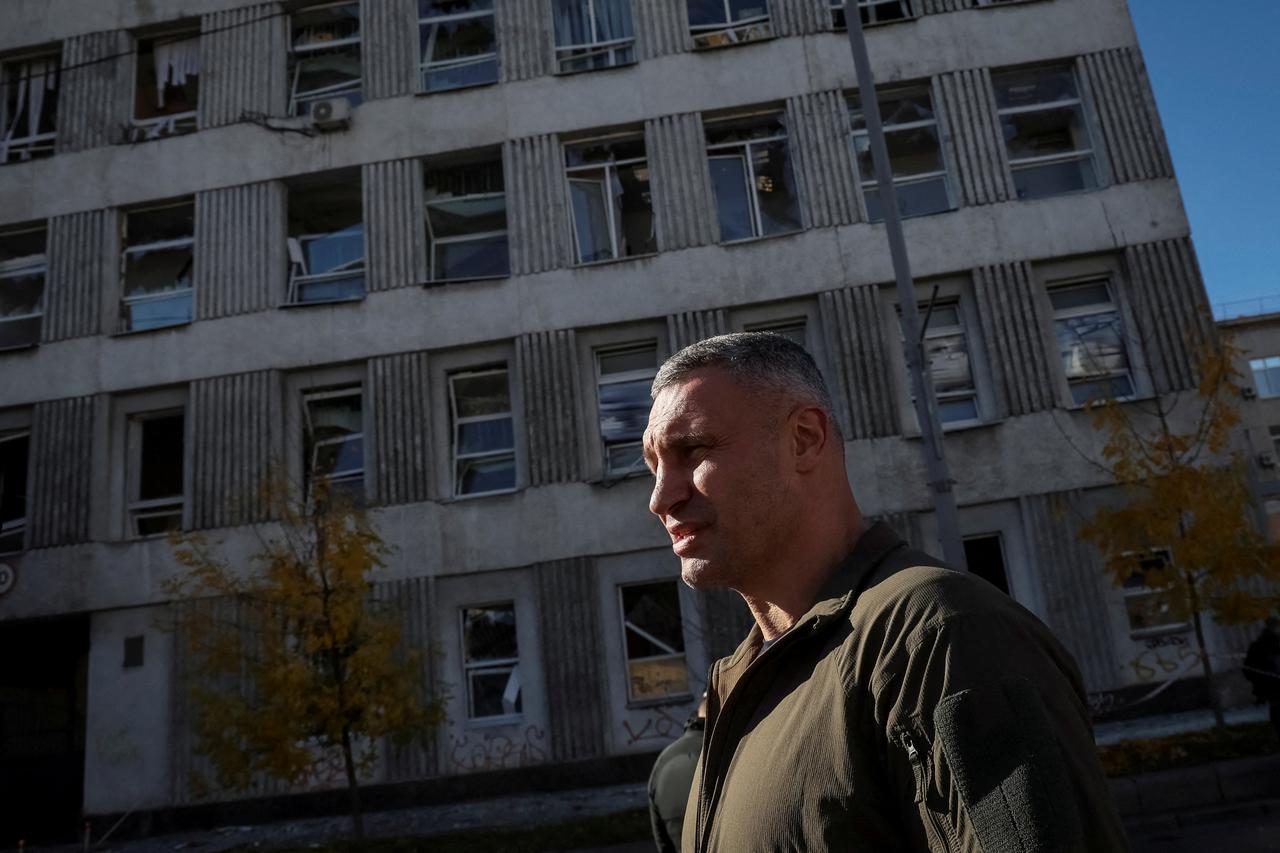 FILE PHOTO: Kyiv Mayor Klitschko visits the place of morning Russian military strike in central Kyiv
