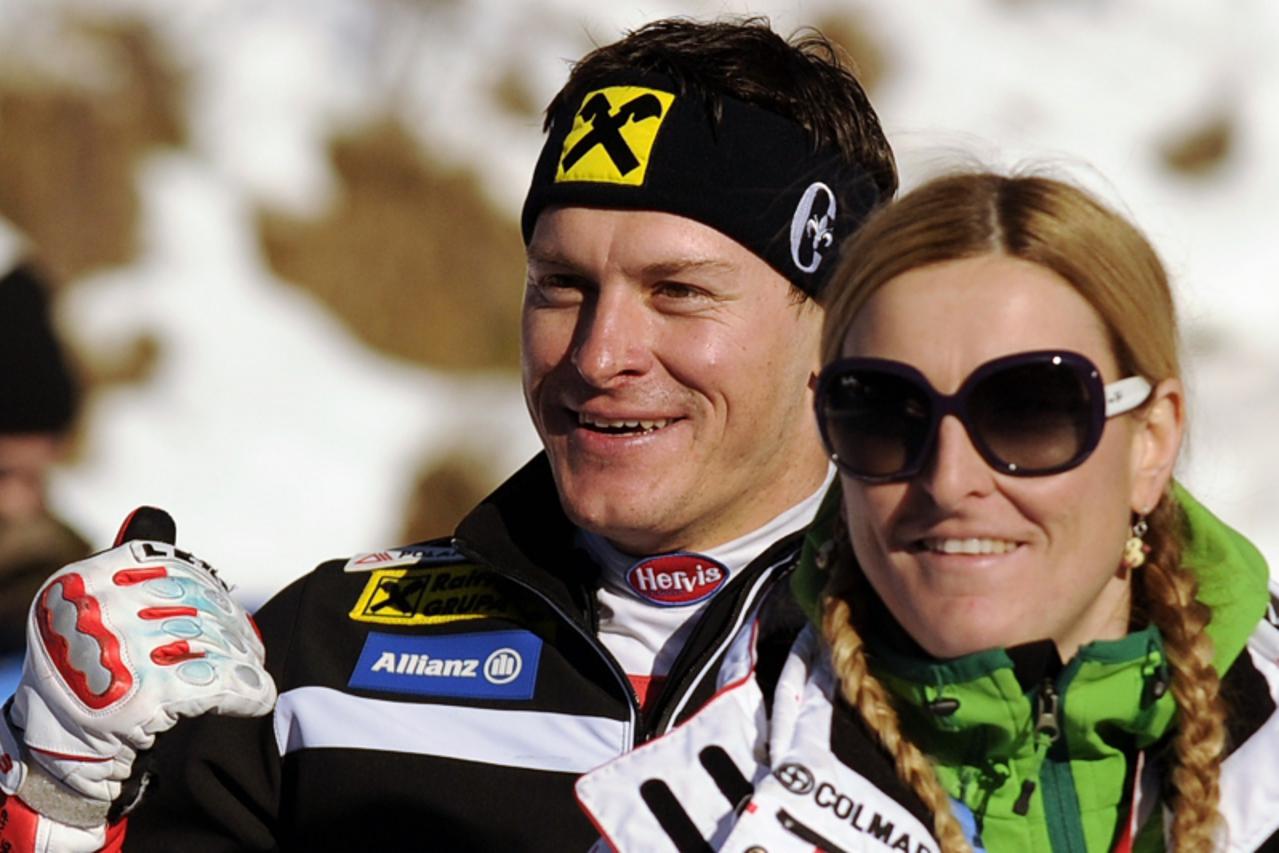 'Croatia\'s Ivica Kostelic (L) gestures with his sister Janica after he won the men\'s slalom at the FIS Alpine Skiing World Cup on January 16, 2011 in Wengen. Kostelic won the men\'s World Cup slalom