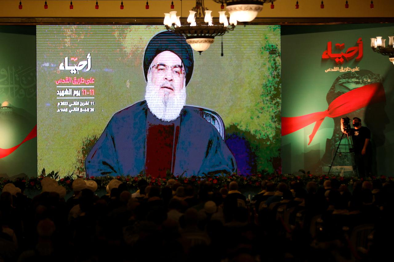 Lebanon's Hezbollah leader Sayyed Hassan Nasrallah addresses his supporters in Nabatieh