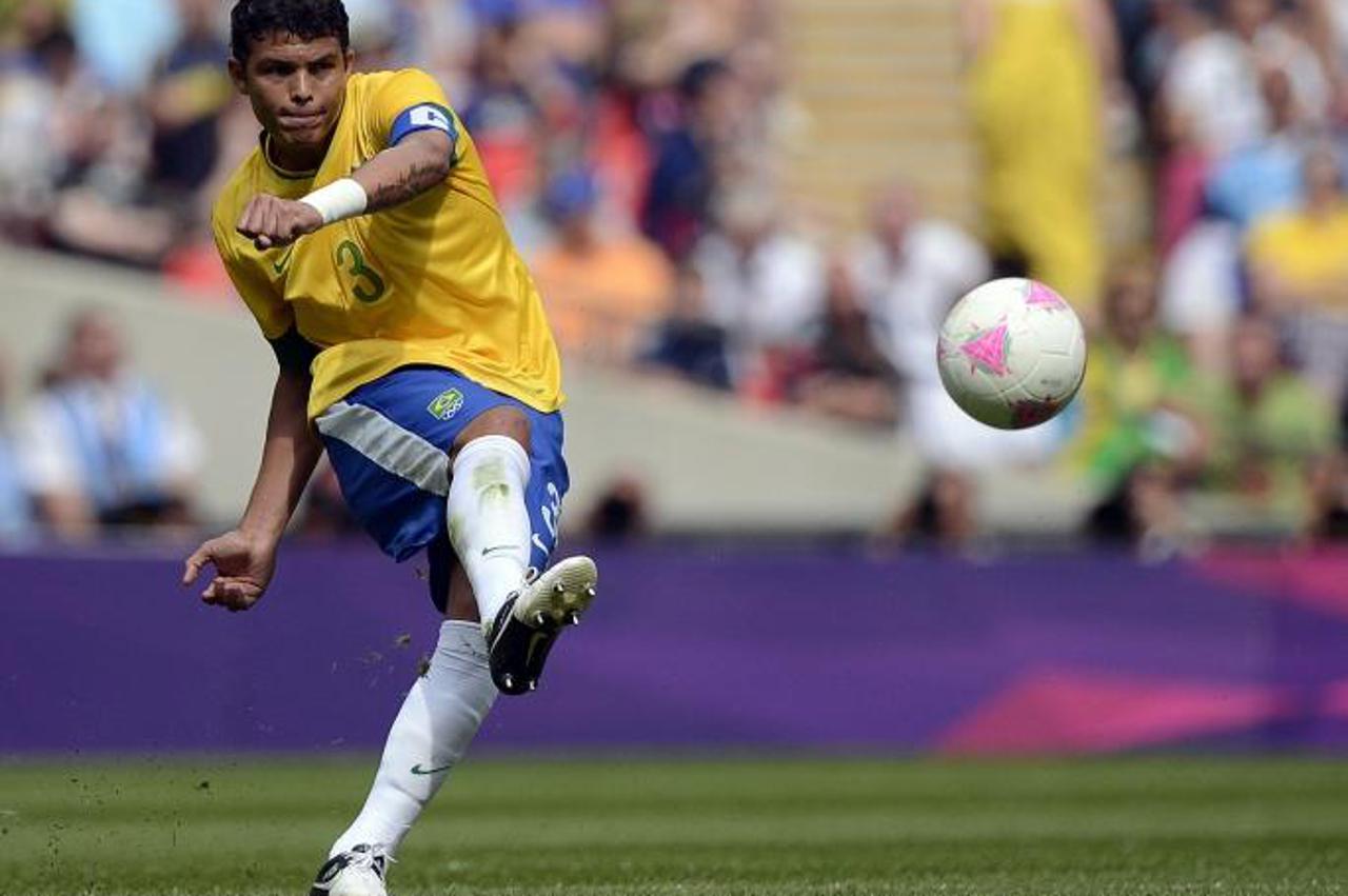 'Brazil\'s Thiago Silva controls the ball duiring the Men\'s Soccer Gold Medal Match between Brazil and Mexico for the London 2012 Olympic Games Soccer tournament at Wembley Stadium in London, Great B