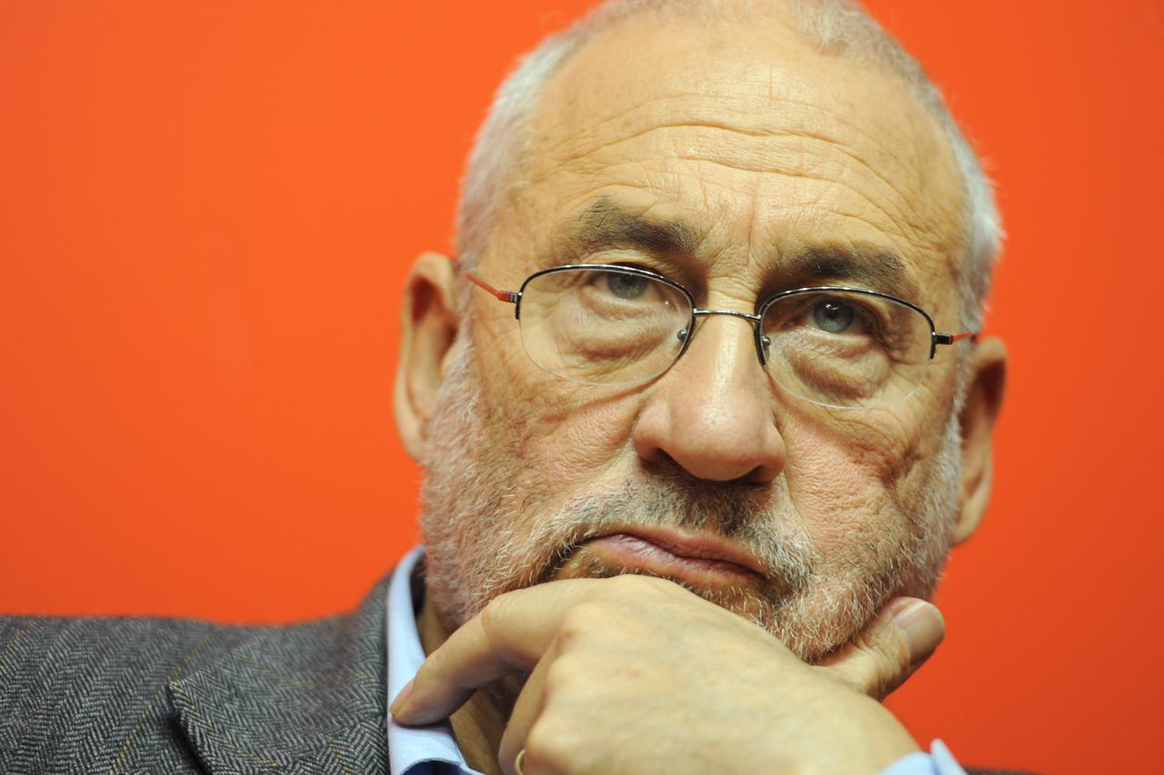 Nobel Prize laureate in Economic Sciences, Joseph Stiglitz, sits at the exhibition booth of the newspaper Vorwaerts (Forward) at the Frankfurt Book Fair in Frankfurt Main, Germany, 12 October 2012.  He took part in a discussion titled 'The Price of Inequa