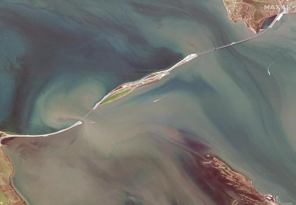 A satellite image shows the Kerch bridge in the Kerch Strait