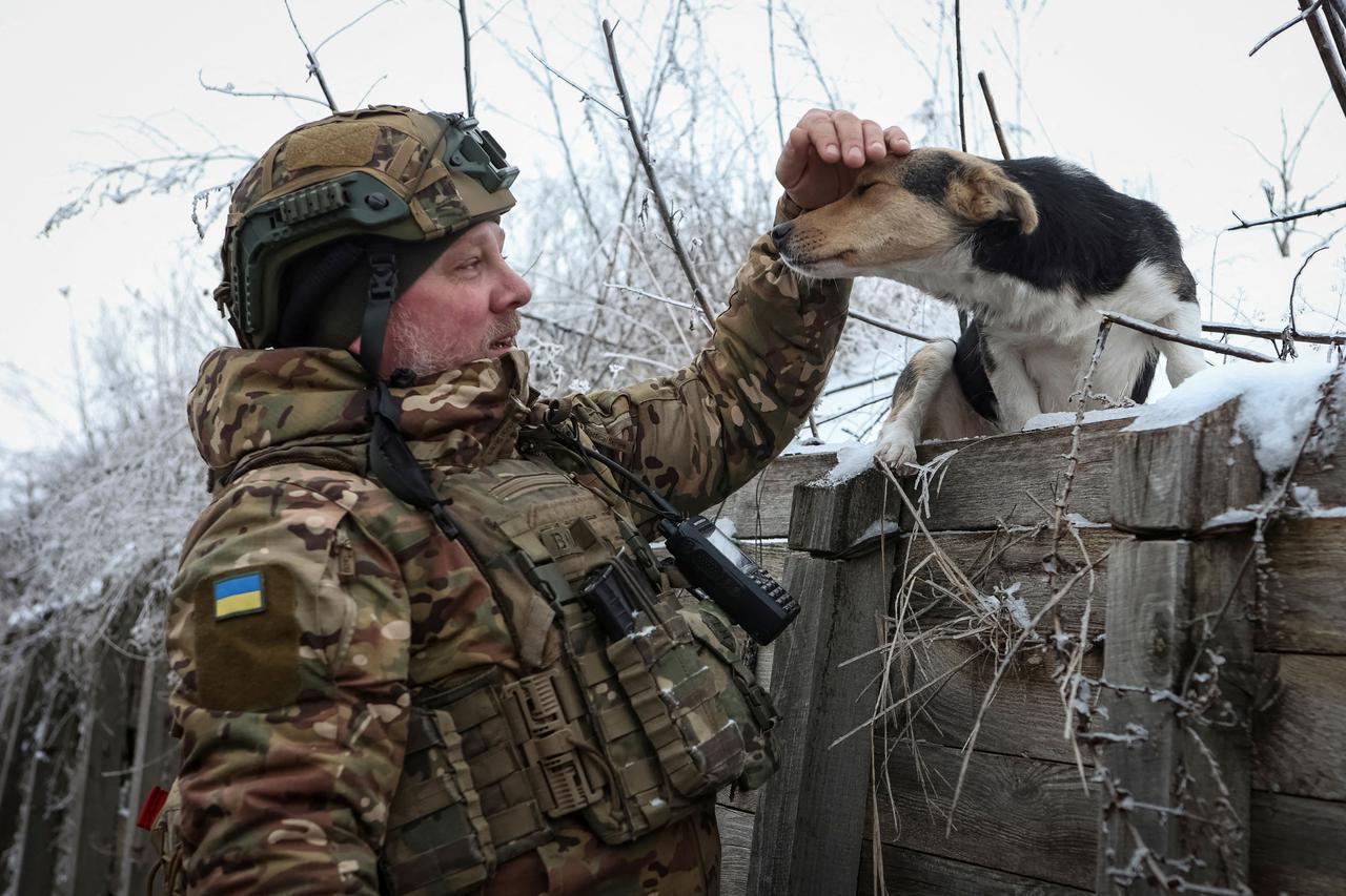 A serviceman pets a dog in a trench at a position near the frontline in Kharkiv region