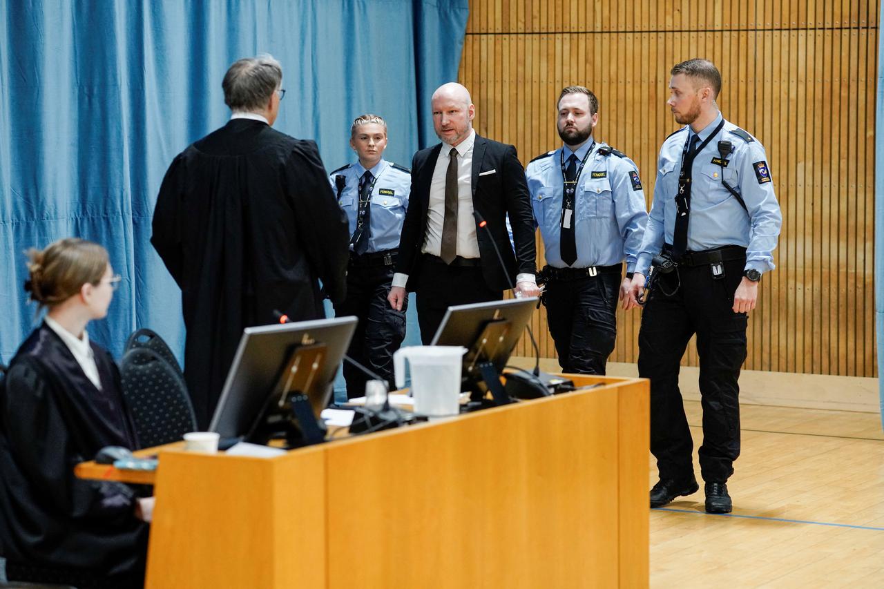 Anders Behring Breivik attends a court hearing at Ringerike prison, in Tyristrand