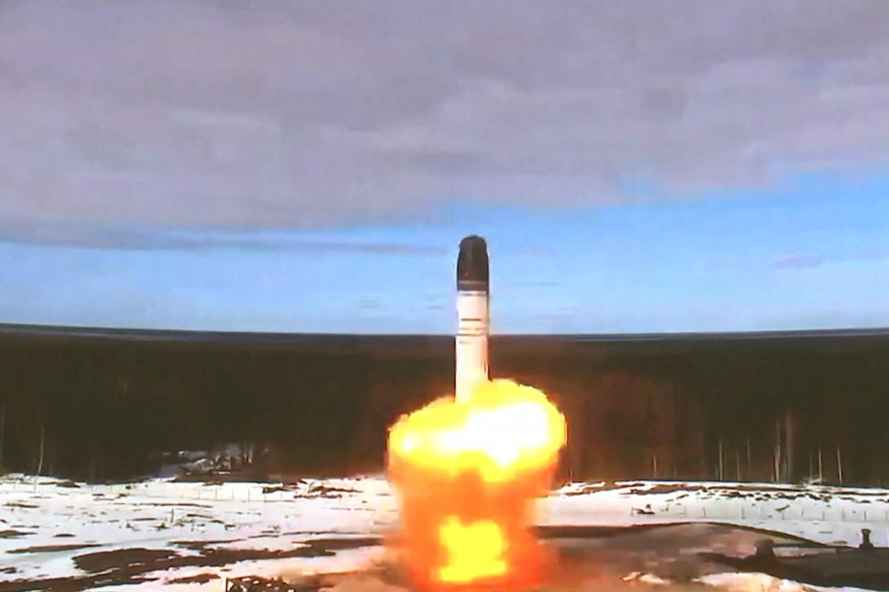 The Sarmat intercontinental ballistic missile is launched during a test at Plesetsk cosmodrome