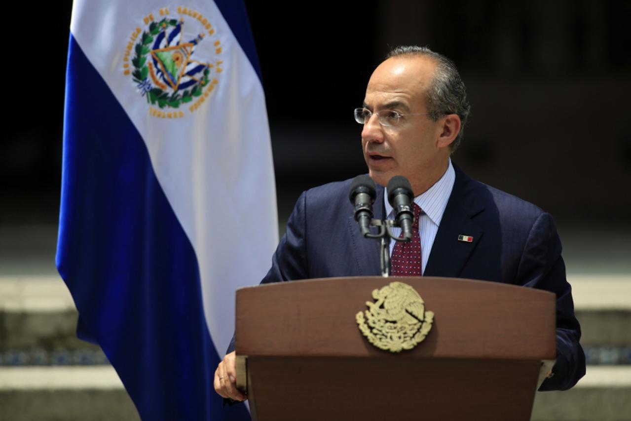 'Mexico's President Felipe Calderon speaks during a joint statement with his El Salvador counterpart President Mauricio Funes (not pictured) at the Los Pinos presidential residence in Mexico city Sep