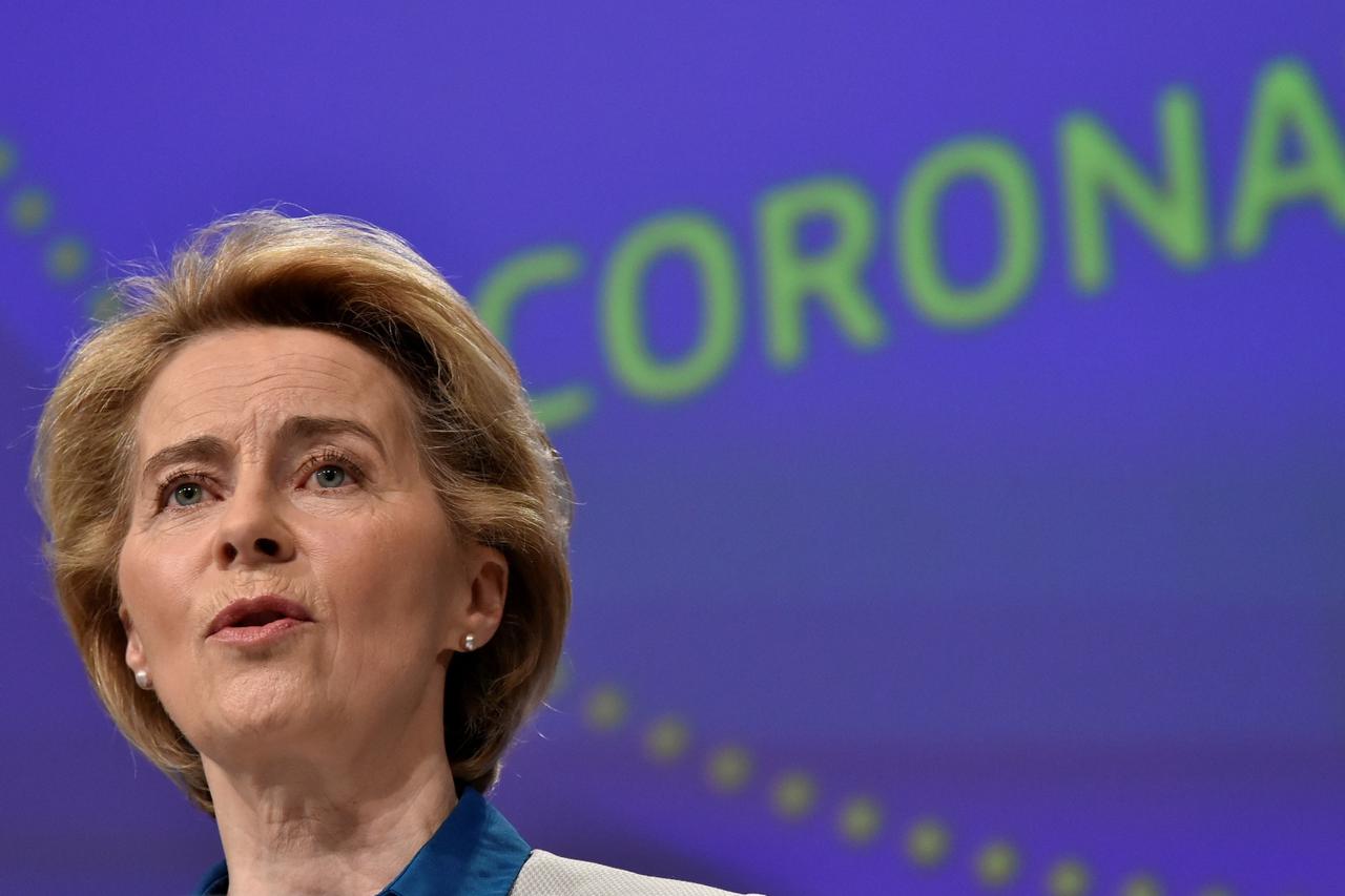 FILE PHOTO: The President of European Commission Ursula von der Leyen holds a news conference on the European Union response to the coronavirus disease (COVID-19) crisis at the EU headquarters in Brussels