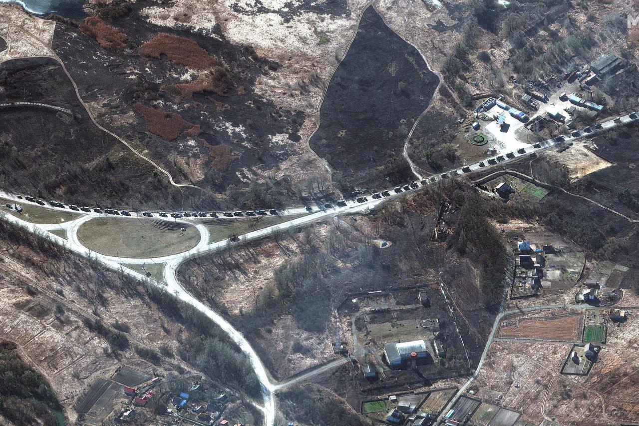 A satellite image shows an additional part of a military convoy, near Invankiv