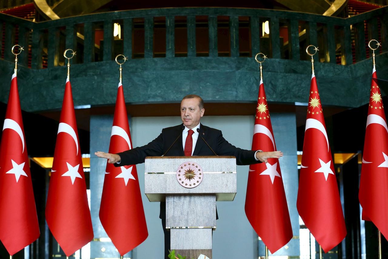 Turkey's President Tayyip Erdogan addresses the audience during a meeting in Ankara, Turkey, January 12, 2016. Erdogan said on Tuesday that Russia was preparing the ground to create a 'boutique' Syrian state around the northern province of Latakia and tha