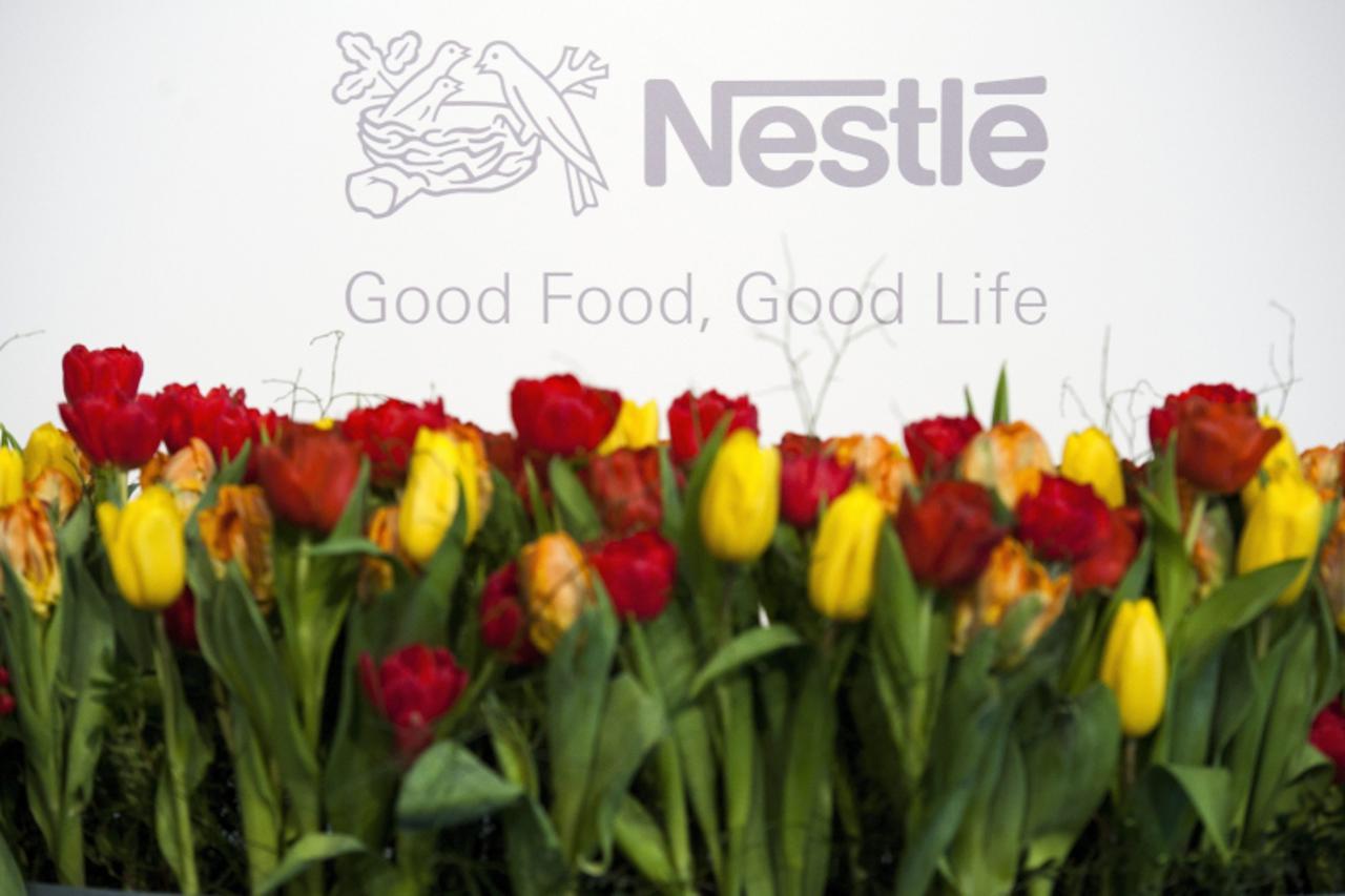\'epa02973199 (FILES) The Nestle logo during the 2010 full-year results press conference of the food and drinks giant Nestle in Vevey, Switzerland, 17 February 2011. Nestle is going to announce its th