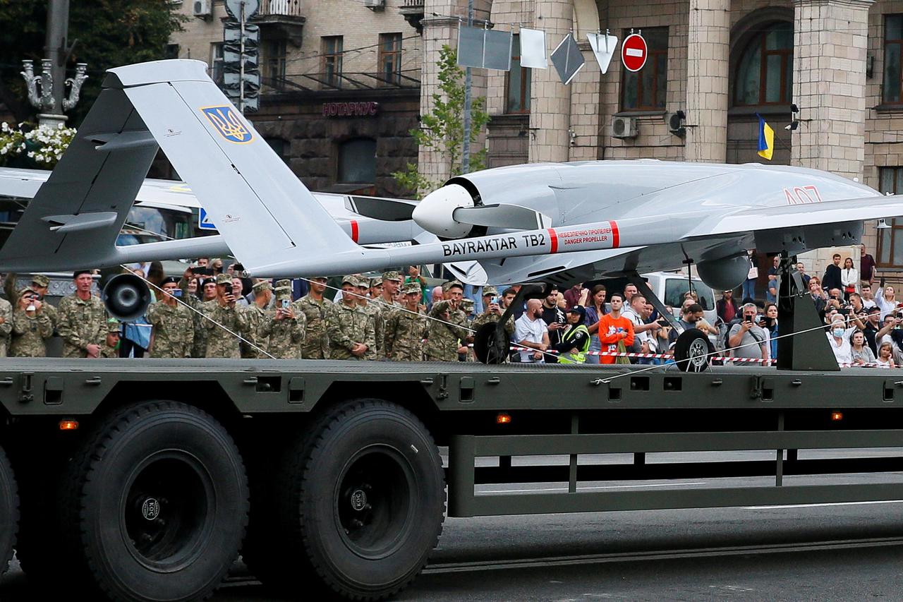 FILE PHOTO: A Bayraktar drone is seen during a rehearsal for the Independence Day military parade in central Kyiv