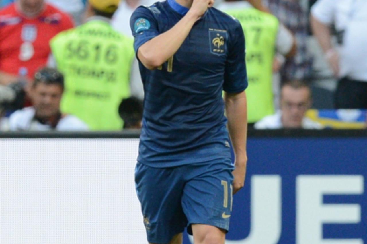 'French midfielder Samir Nasri gestures after scoring a goal during the Euro 2012 championships football match France vs England on June 11, 2012 at the Donbass Arena in Donetsk. AFP PHOTO / PATRICK H