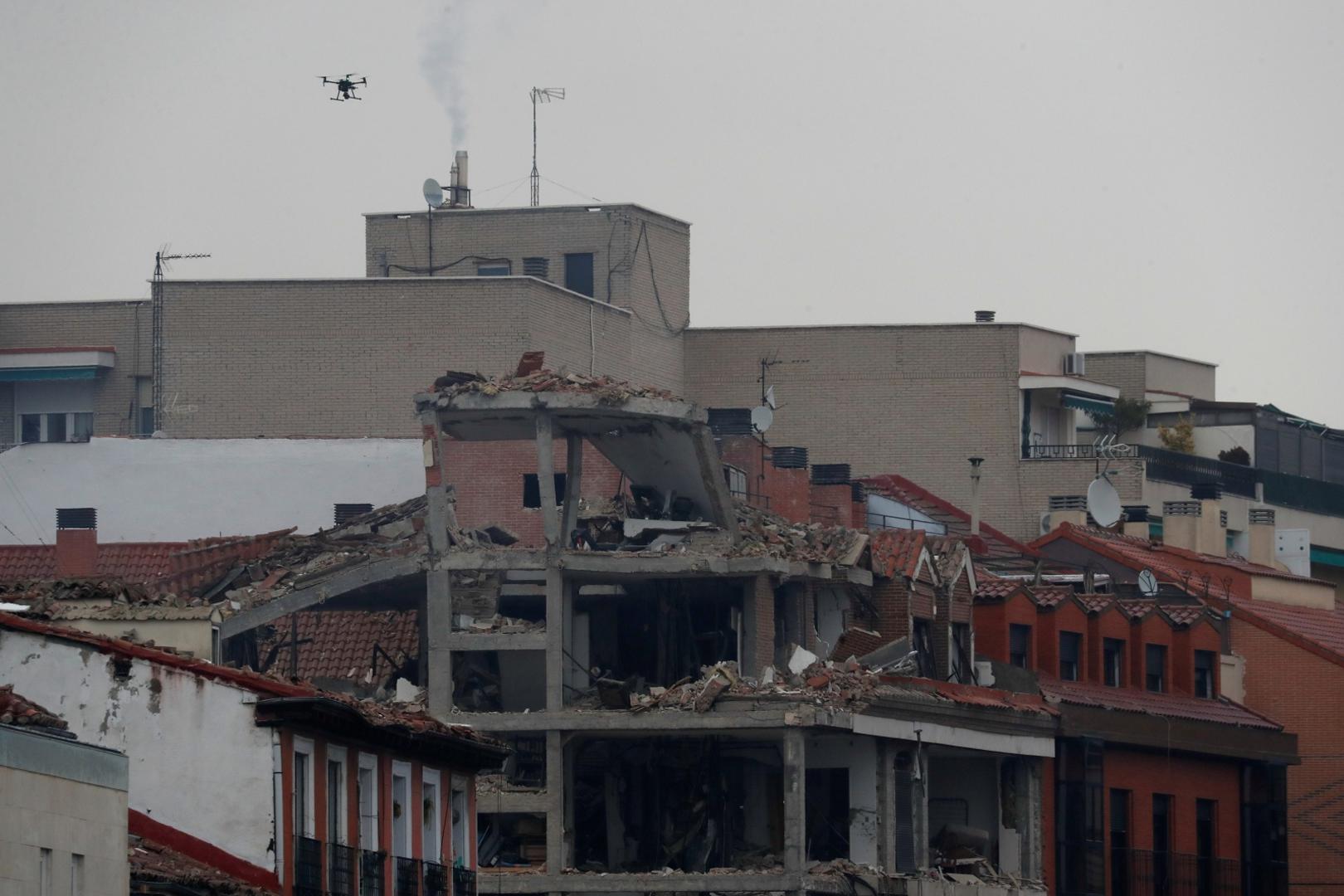 Explosion in Madrid downtown A drone flies over the building belonging to the Catholic Church affected by a deadly explosion, in Madrid downtown, Spain, January 20, 2021. REUTERS/Susana Vera SUSANA VERA