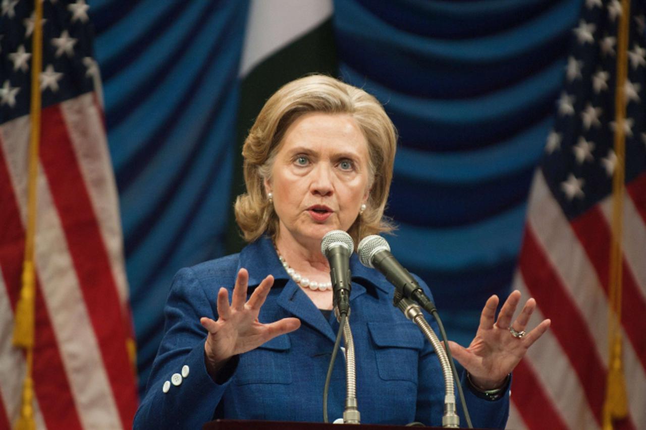 \'US Secretary of State Hillary Clinton delivers remarks as she conducts a Town Hall meeting at the Pakistan National Council of the Arts (PNCA) in Islamabad on July 19, 2010, as she continues a 10-da