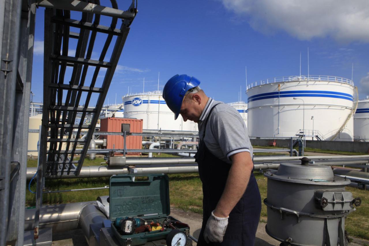 \'A specialist maintains equipment in Klaipedos Nafta oil company\'s terminal in Klaipeda port June 21, 2010. Lithuania is worried it will lose oil product shipping business when Russia\'s new Ust Lug