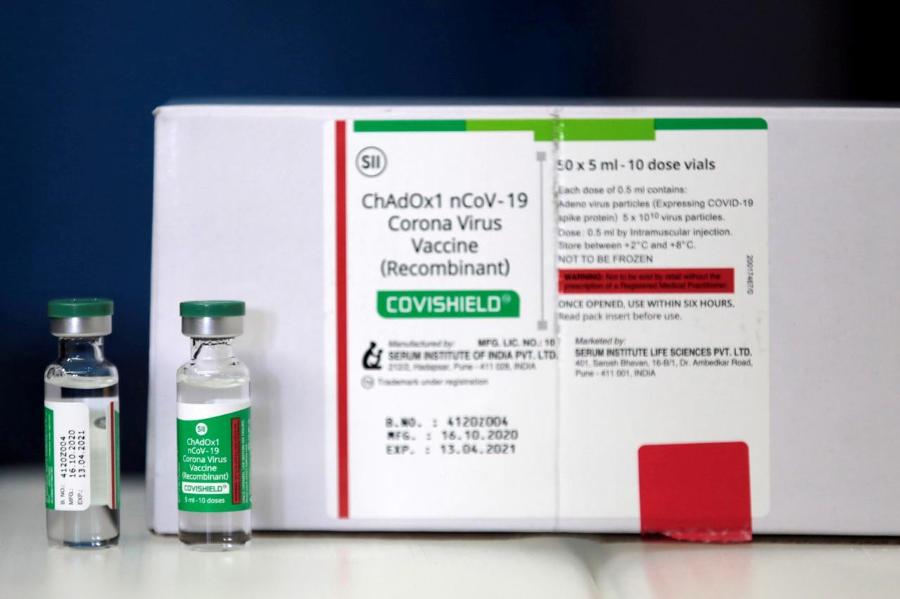 FILE PHOTO: COVISHIELD, the AstraZeneca COVID-19 vaccine manufactured by Serum Institute of India, is shown to the media in Kathmandu