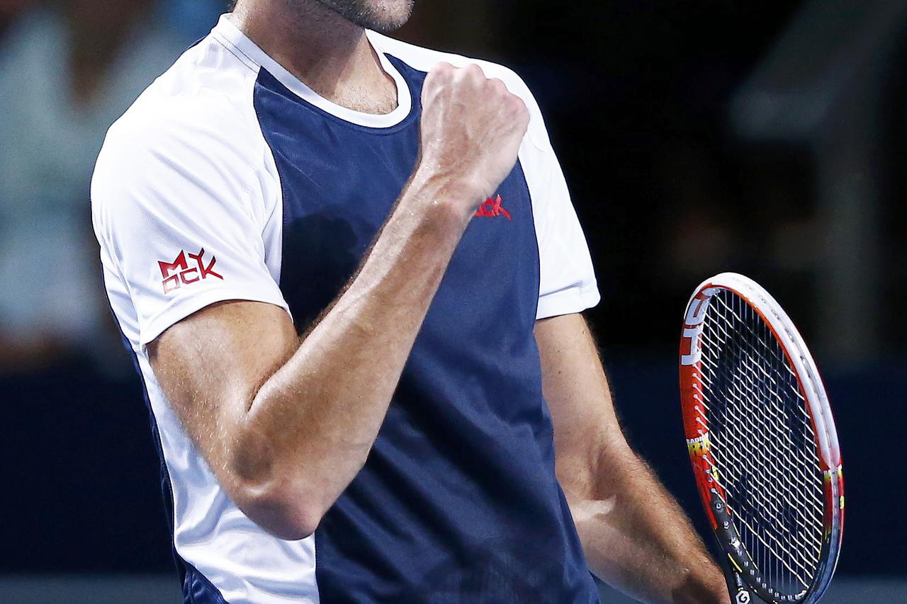 Ivo Karlovic of Croatia reacts during his match against Switzerland's Stan Wawrinka at the Swiss Indoors ATP men's tennis tournament in Basel, Switzerland October 28, 2015.   REUTERS/Arnd Wiegmann  Picture Supplied by Action Images
