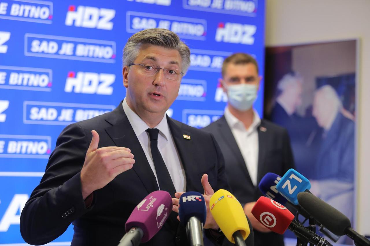 Zagreb: Plenković i Filipović zajedno na konferenciji za medije u središnjici HDZ-a