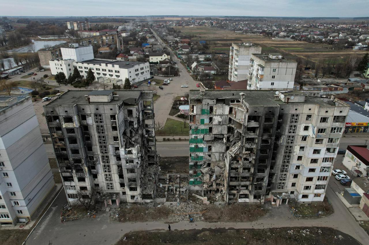 FILE PHOTO: A general view shows an apartment building of Veronika Krasevych, an 11-year-old Ukrainian girl, destroyed by Russian military strike in the town of Borodianka