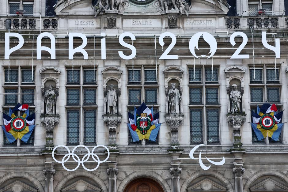 FILE PHOTO: The Olympic rings and the logo of Paris 2024 Olympic Games