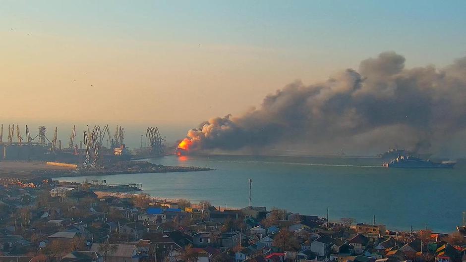Smoke billows from Russian ship at the port of Berdiansk