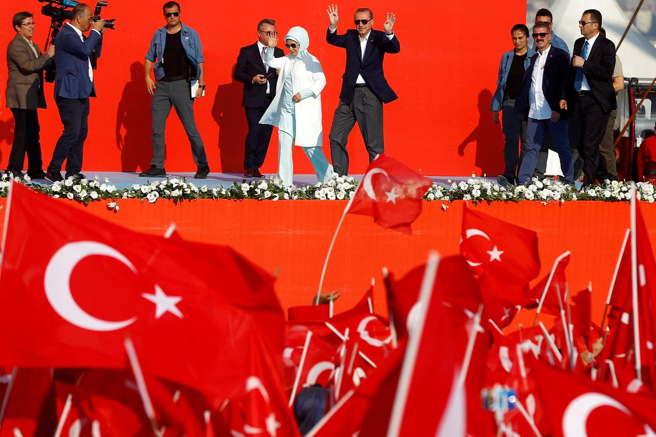 Turkish President Tayyip Erdogan and his wife  Emine Erdogan attend Democracy and Martyrs Rally, organized by him and supported by ruling AK Party (AKP), oppositions Republican People's Party (CHP) and Nationalist Movement Party (MHP), to protest against 