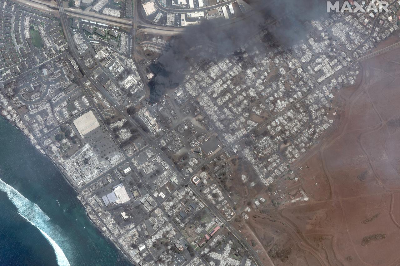 A satellite image shows an overview of wildfires in Lahaina, Maui County, in Hawaii