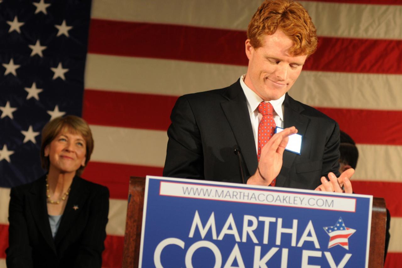 'MEDFORD, MA - JANUARY 7: Democratic Senate nominee and Massachusetts Attorney General Martha Coakley receives an endorsement from Joseph Kennedy III January 7, 2010 at the Medford Senior Center in Me