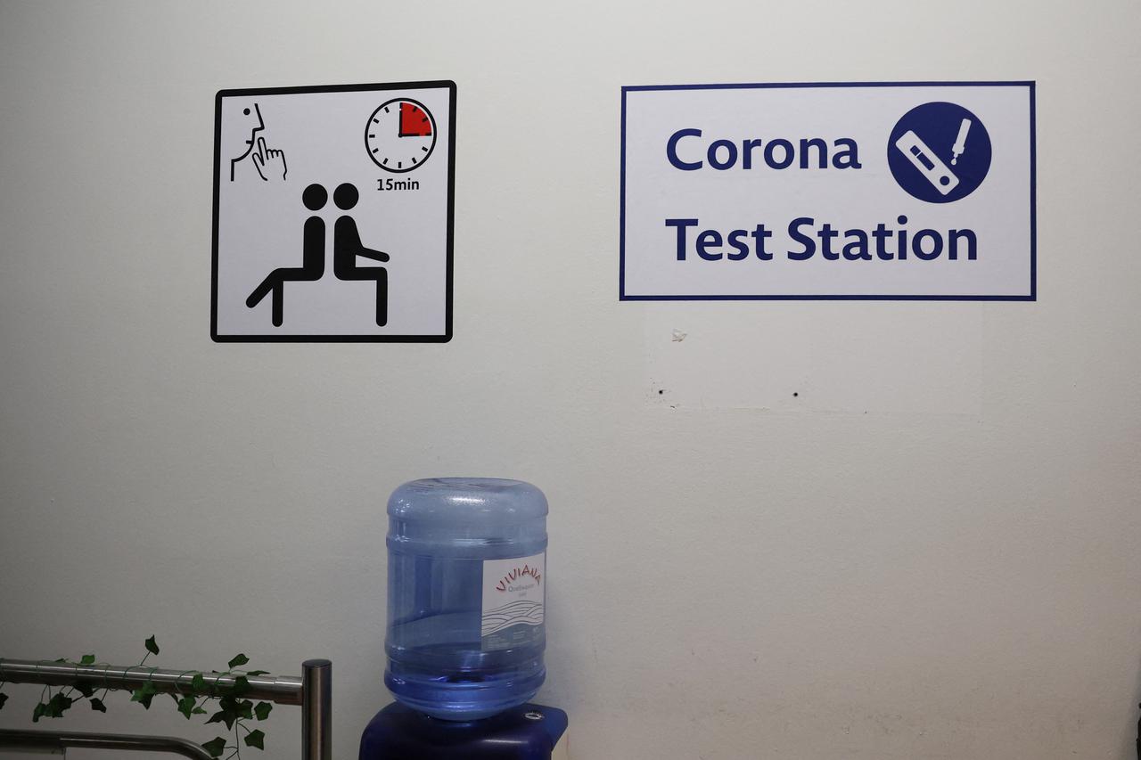A Coronavirus (Covid-19) testing centre is seen at the arrival and temporary accommodation centre for Ukrainian refugees at the former Tegel airport in Berlin